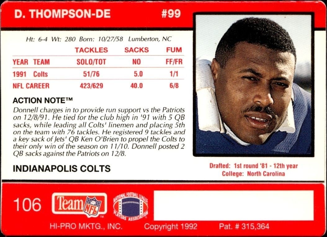 1992 Action Packed Donnell Thompson #106 football trading card back