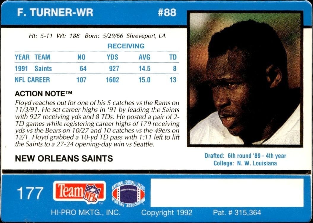 1992 Action Packed Floyd Turner #177 football trading card back