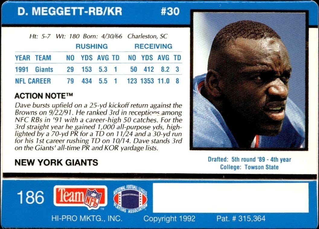 1992 Action Packed Dave Meggett #186 football trading card back