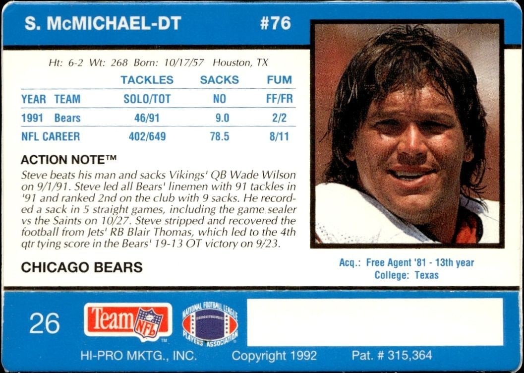 1992 Action Packed Steve McMichael #26 football trading card back