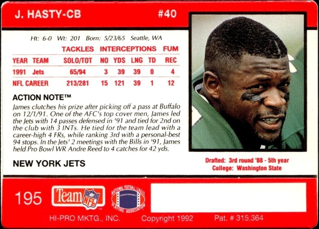 1992 Action Packed James Hasty #195 football trading card back