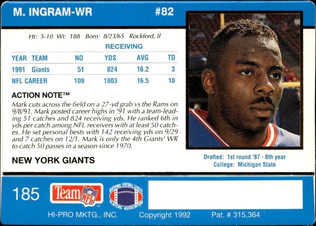 1992 Action Packed Mark Ingram #185 football trading card back
