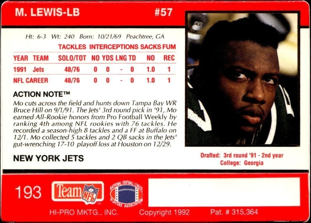 1992 Action Packed Mo Lewis #193 football trading card back