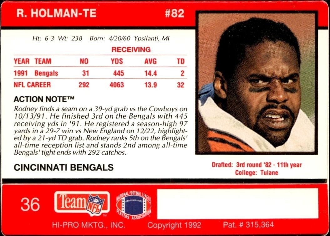 1992 Action Packed Rodney Holman #36 football trading card back