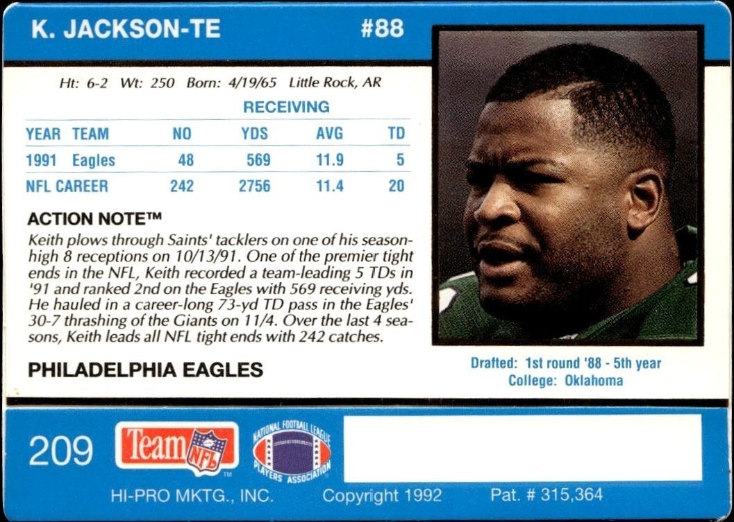 1992 Action Packed Keith Jackson #209 football trading card back