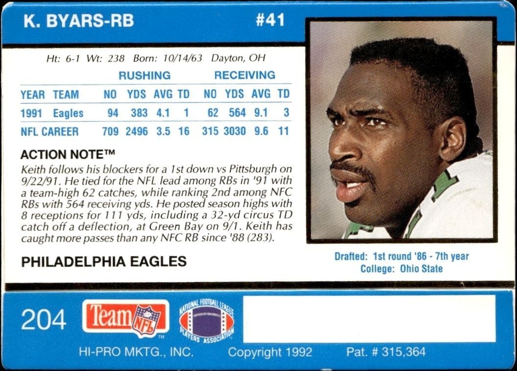 1992 Action Packed Keith Byars #204 football trading card back