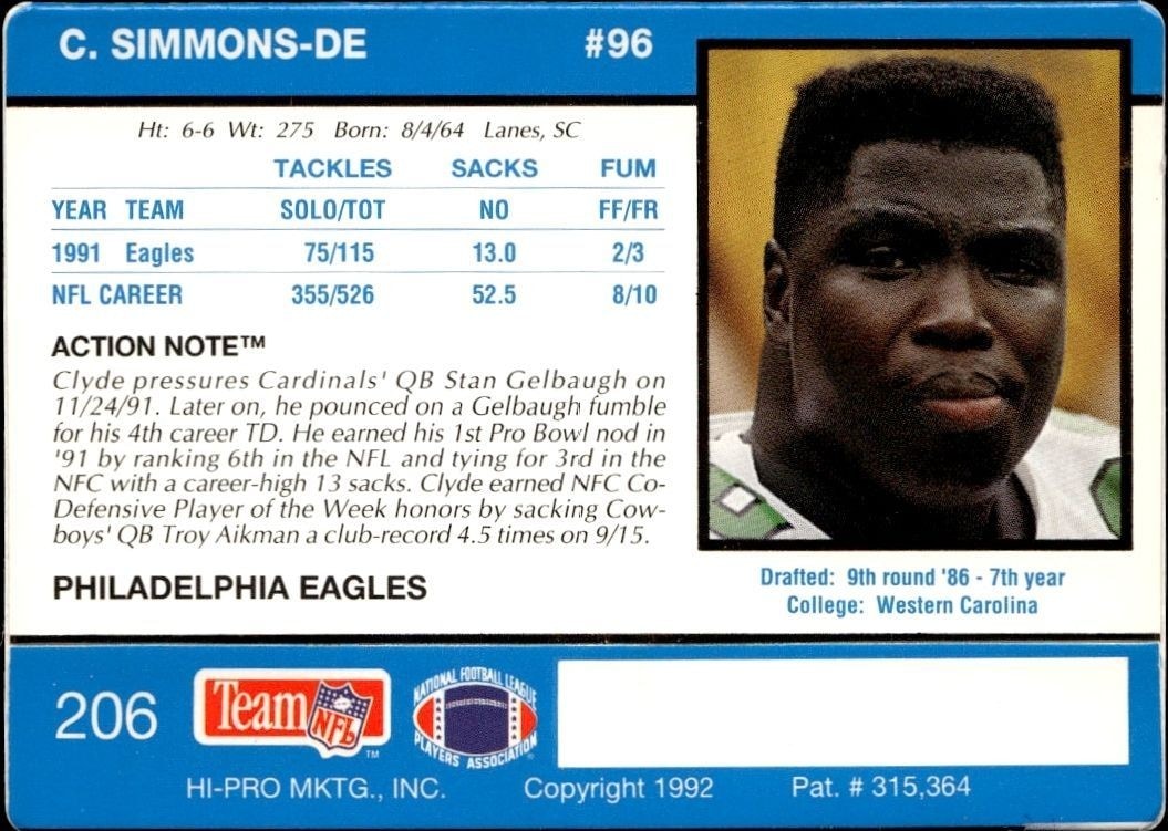 1992 Action Packed Clyde Simmons #206 football trading card back