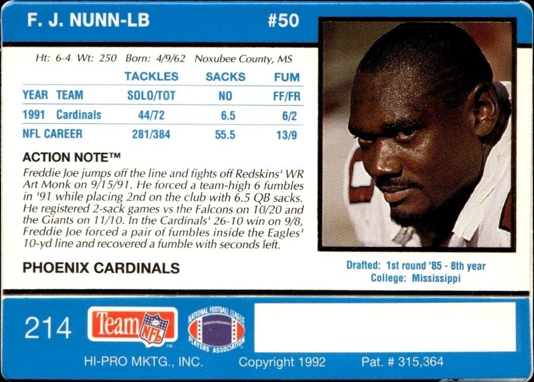 1992 Action Packed Freddie Joe Nunn #214 football trading card back