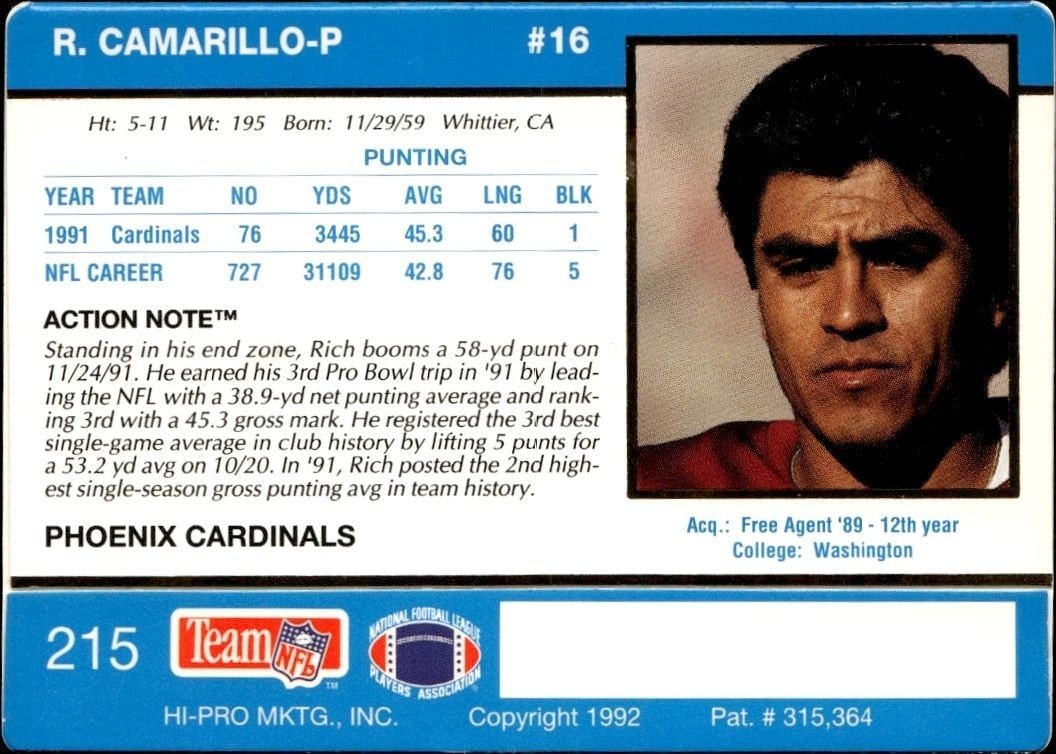1992 Action Packed Rich Camarillo #215 football trading card back