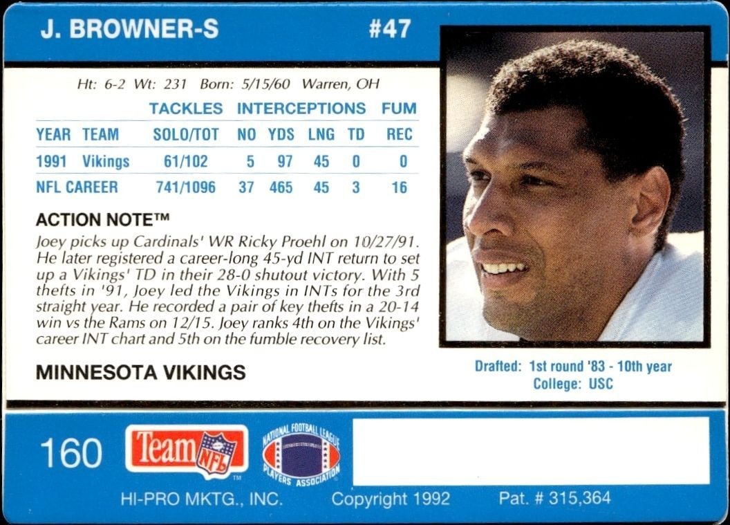 1992 Action Packed Joey Browner #160 football trading card back
