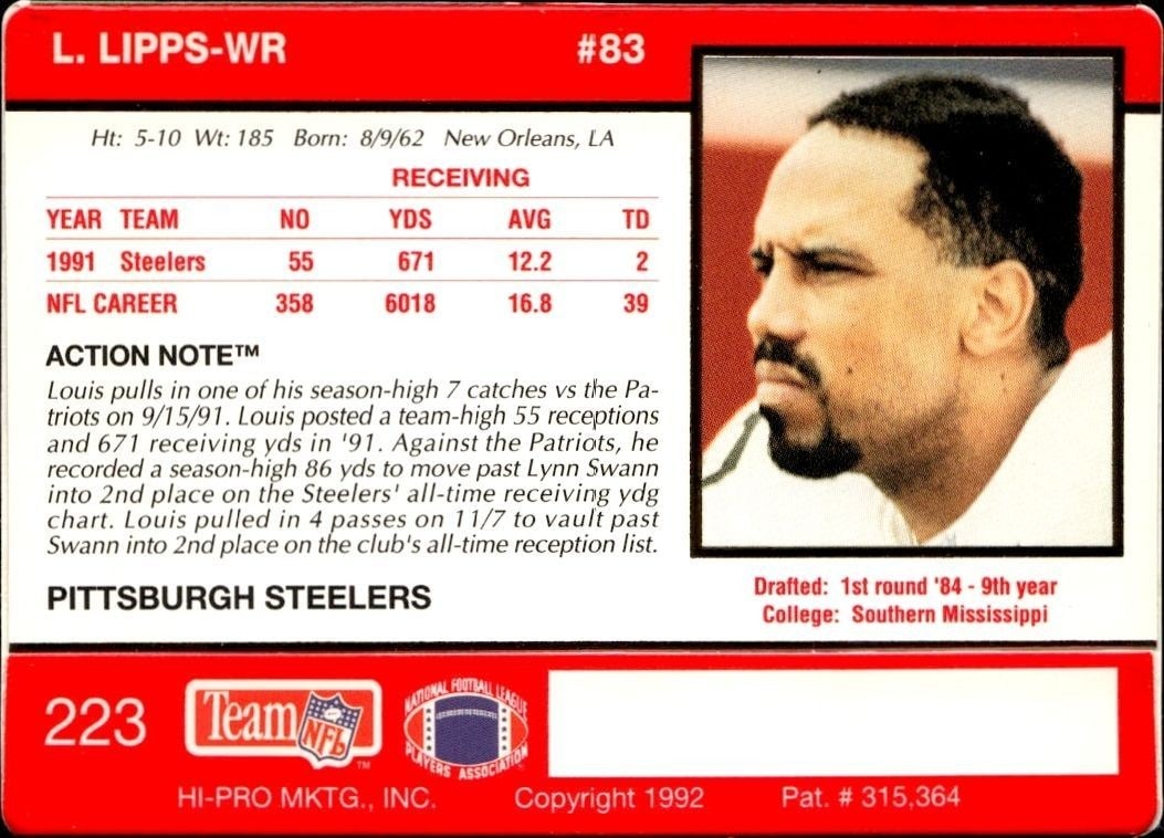 1992 Action Packed Louis Lipps #223 football trading card back