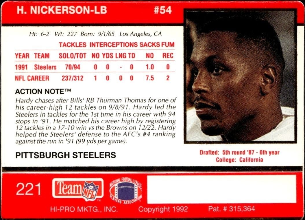 1992 Action Packed Hardy Nickerson #221 football trading card back