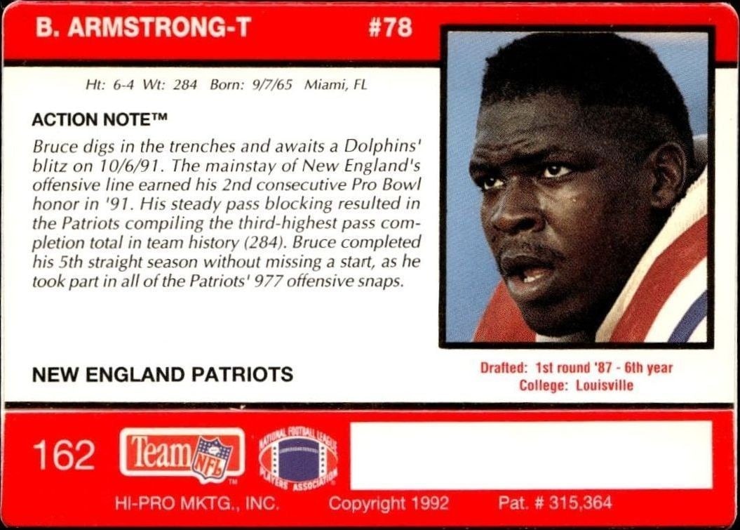1992 Action Packed Bruce Armstrong #162 football trading card back