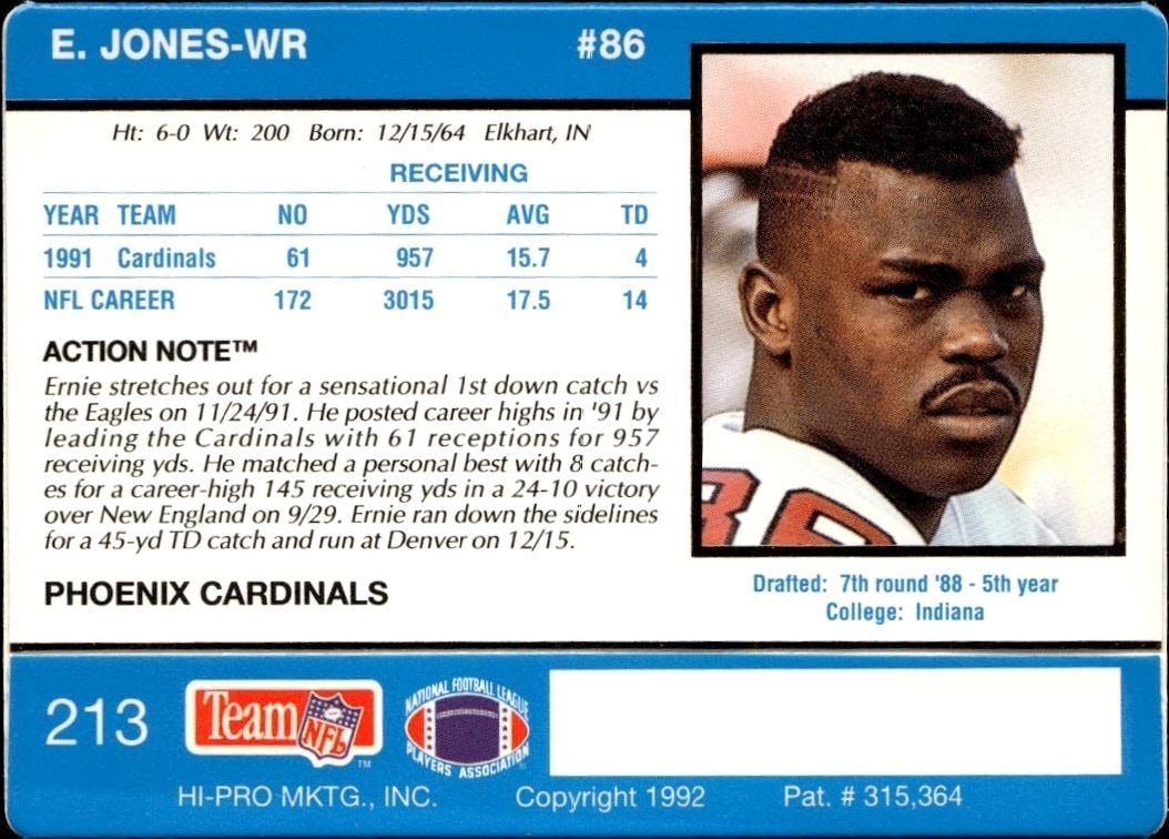 1992 Action Packed Ernie Jones #213 football trading card back