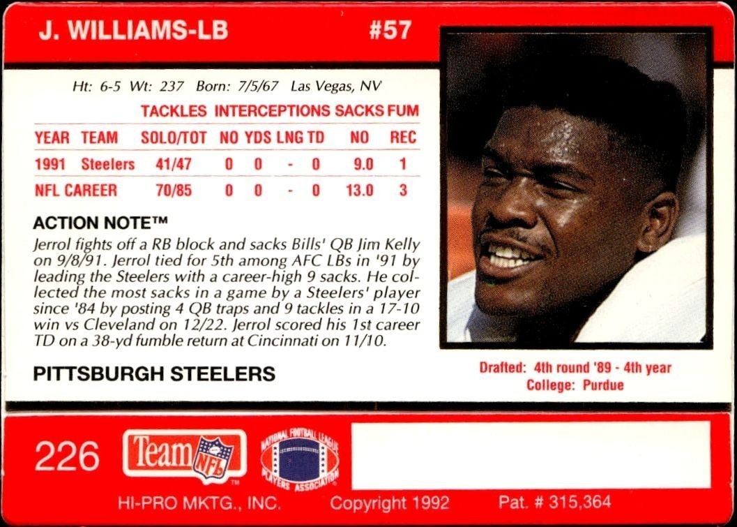 1992 Action Packed Jerrol Williams #226 football trading card back