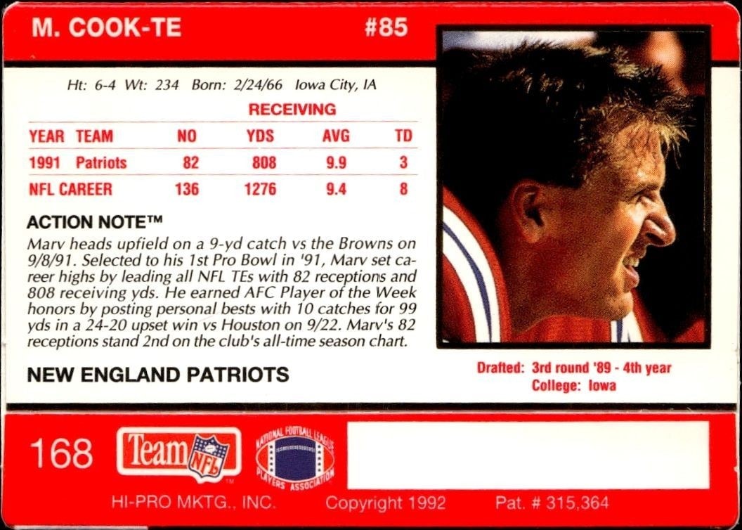 1992 Action Packed Marv Cook #168 football trading card back