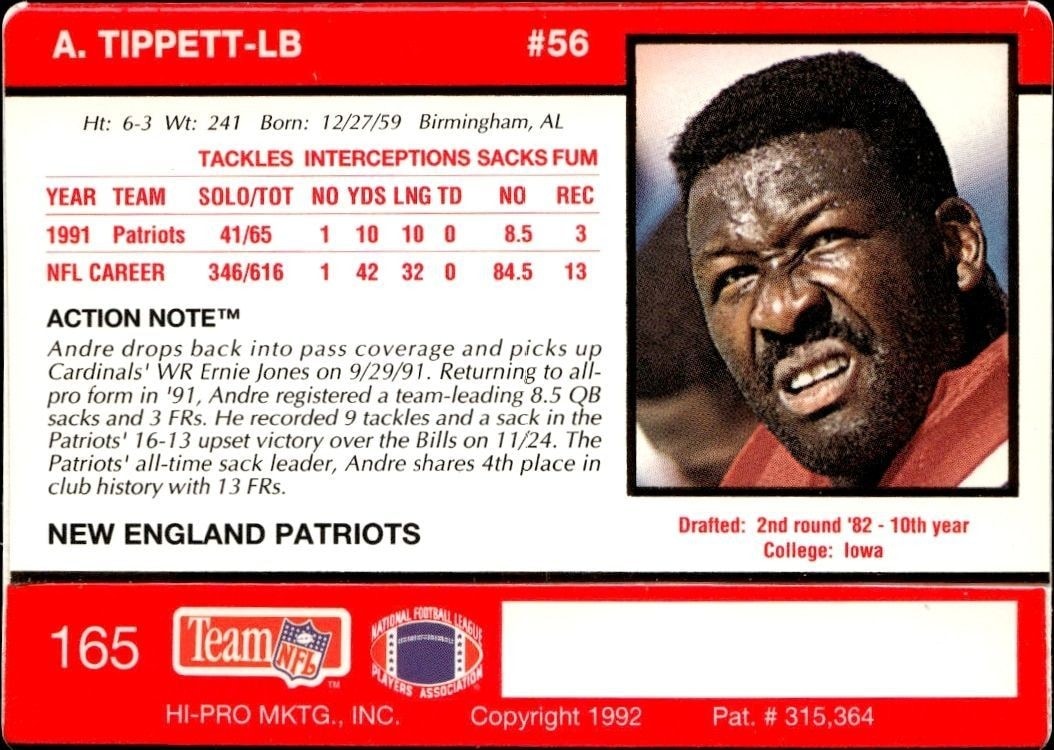 1992 Action Packed Andre Tippett #165 football trading card back