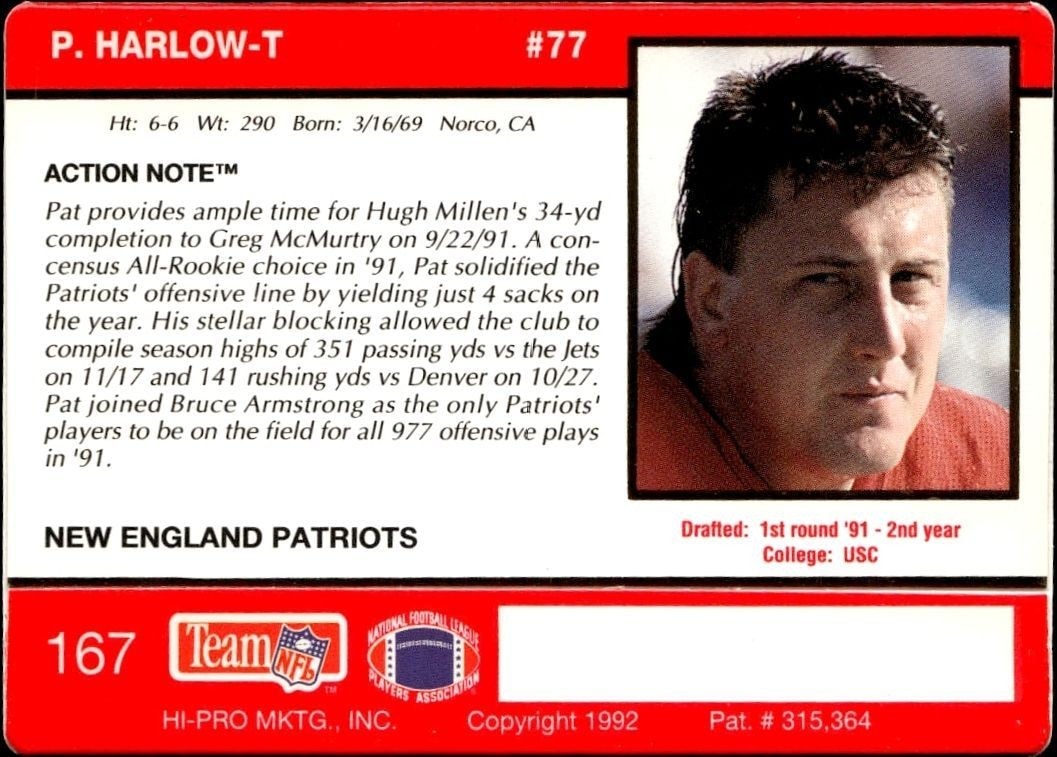 1992 Action Packed Pat Harlow #167 football trading card back