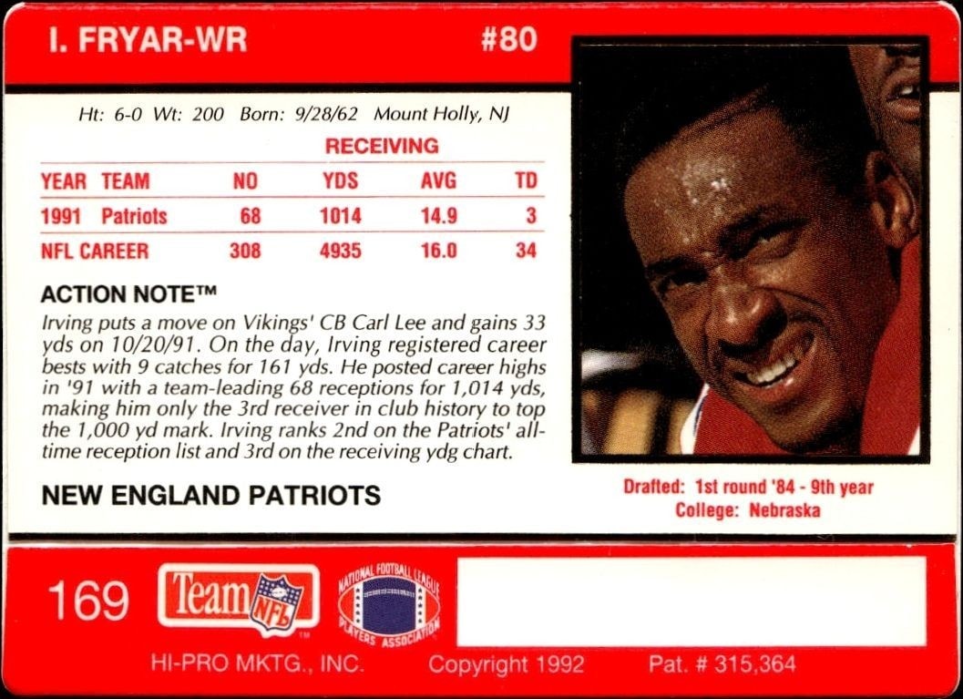 1992 Action Packed Irving Fryar #169 football trading card back