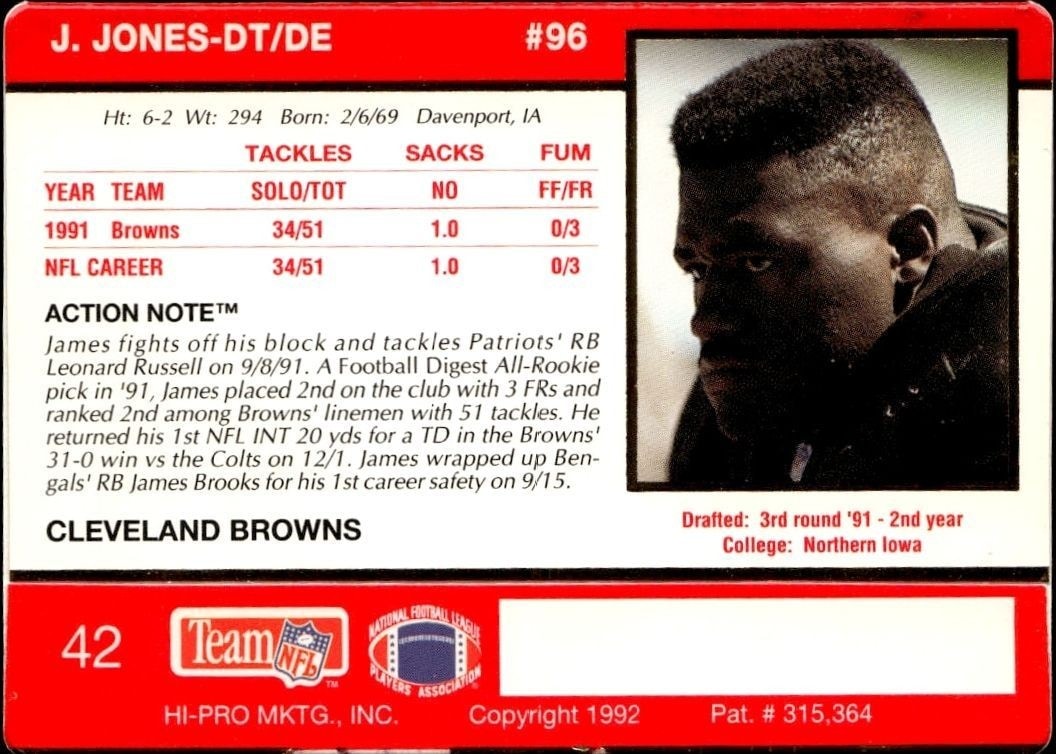 1992 Action Packed James Jones #42 football trading card back