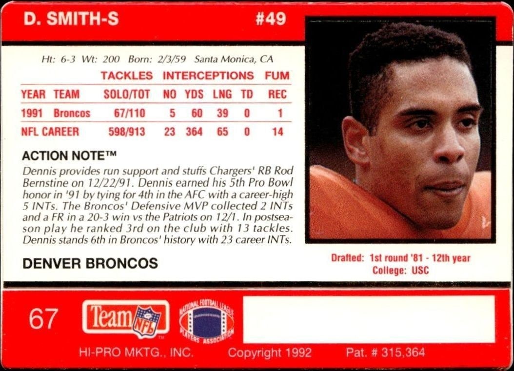 1992 Action Packed Dennis Smith #67 football trading card back