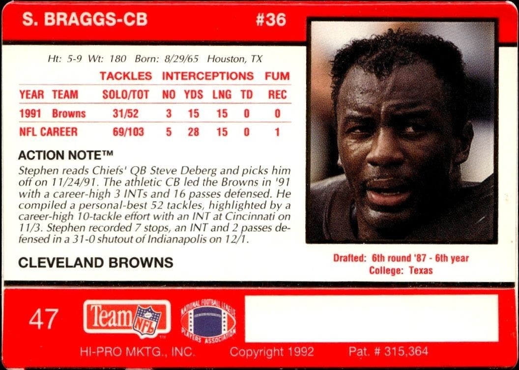 1992 Action Packed Stephen Braggs #47 football trading card back