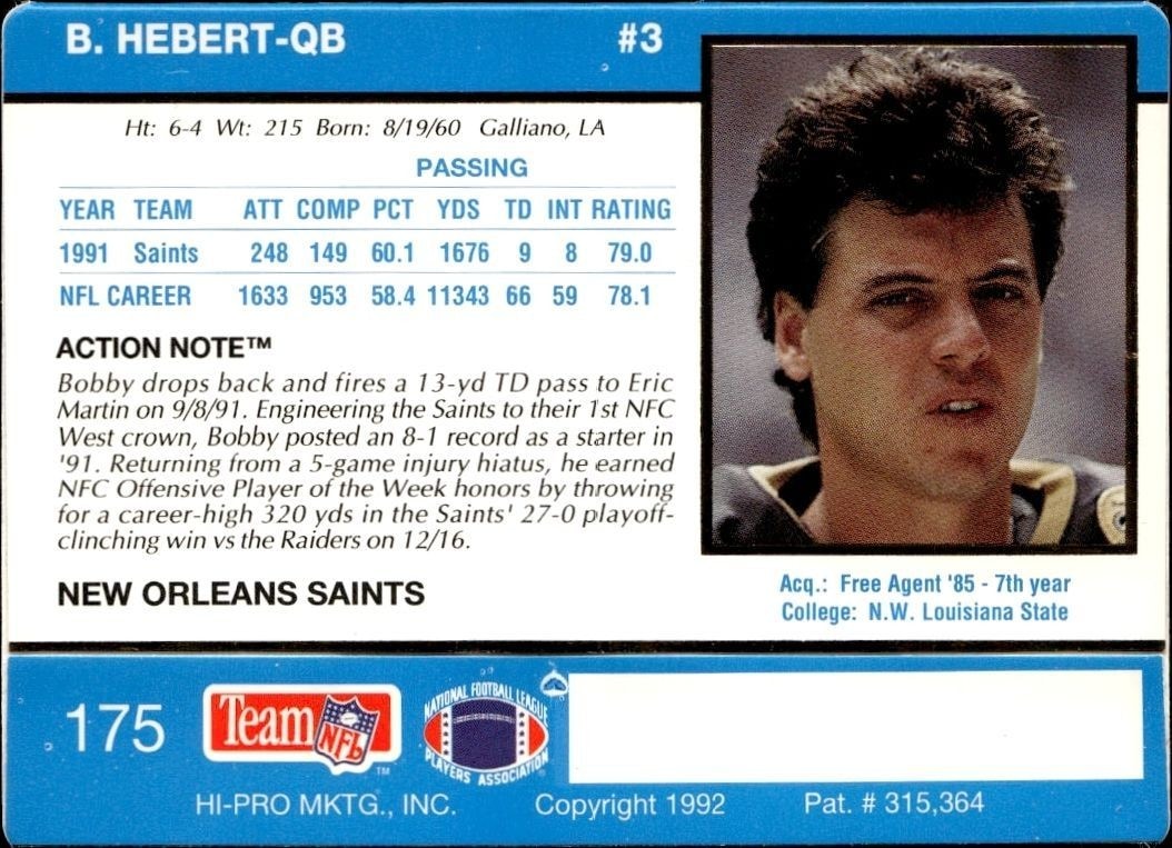 1992 Action Packed Bobby Hebert #175 football trading card back