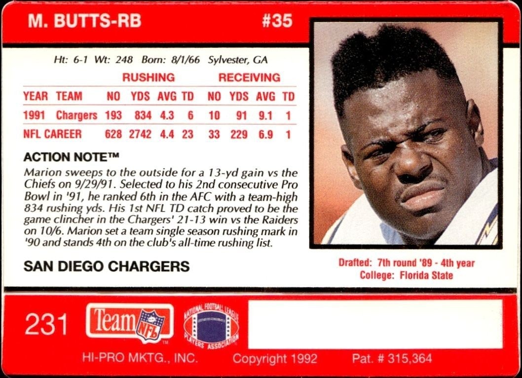 1992 Action Packed Marion Butts #35 football trading card back