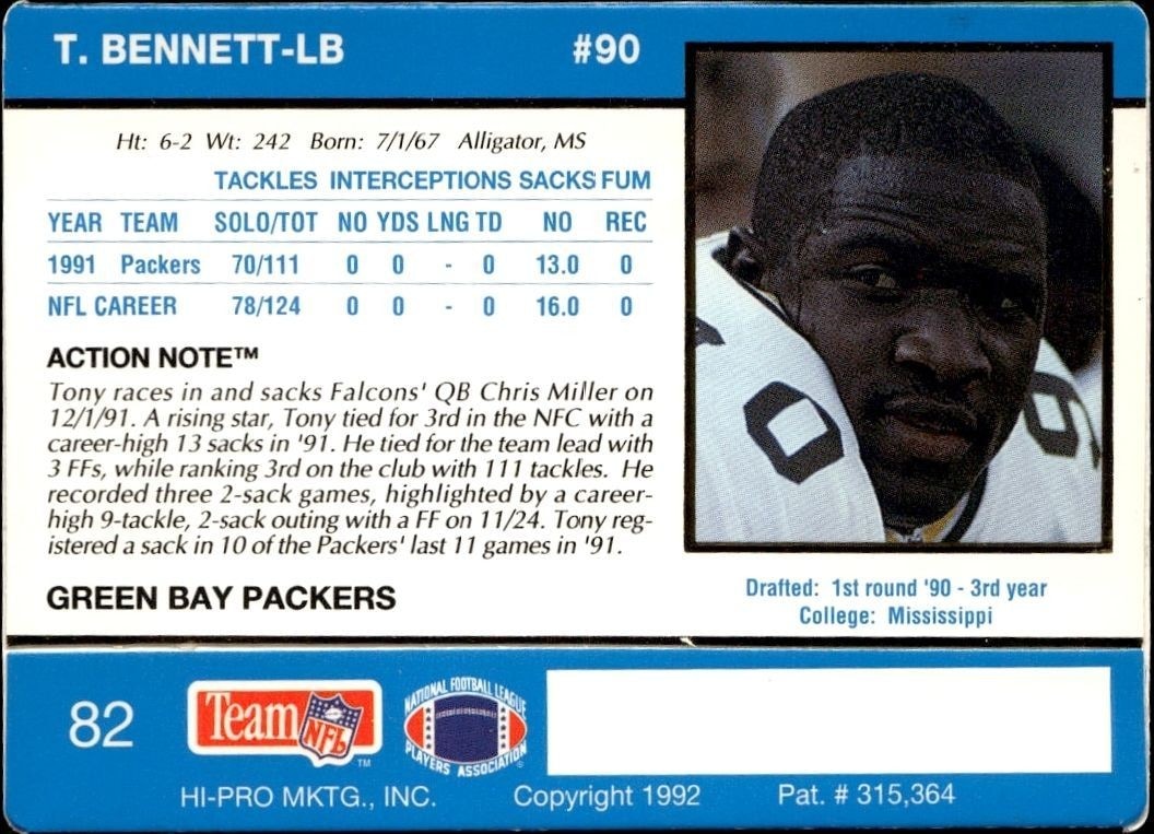1992 Action Packed Tony Bennett #82 football trading card back