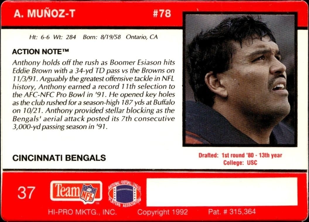 1992 Action Packed Anthony Munoz #37 football trading card back