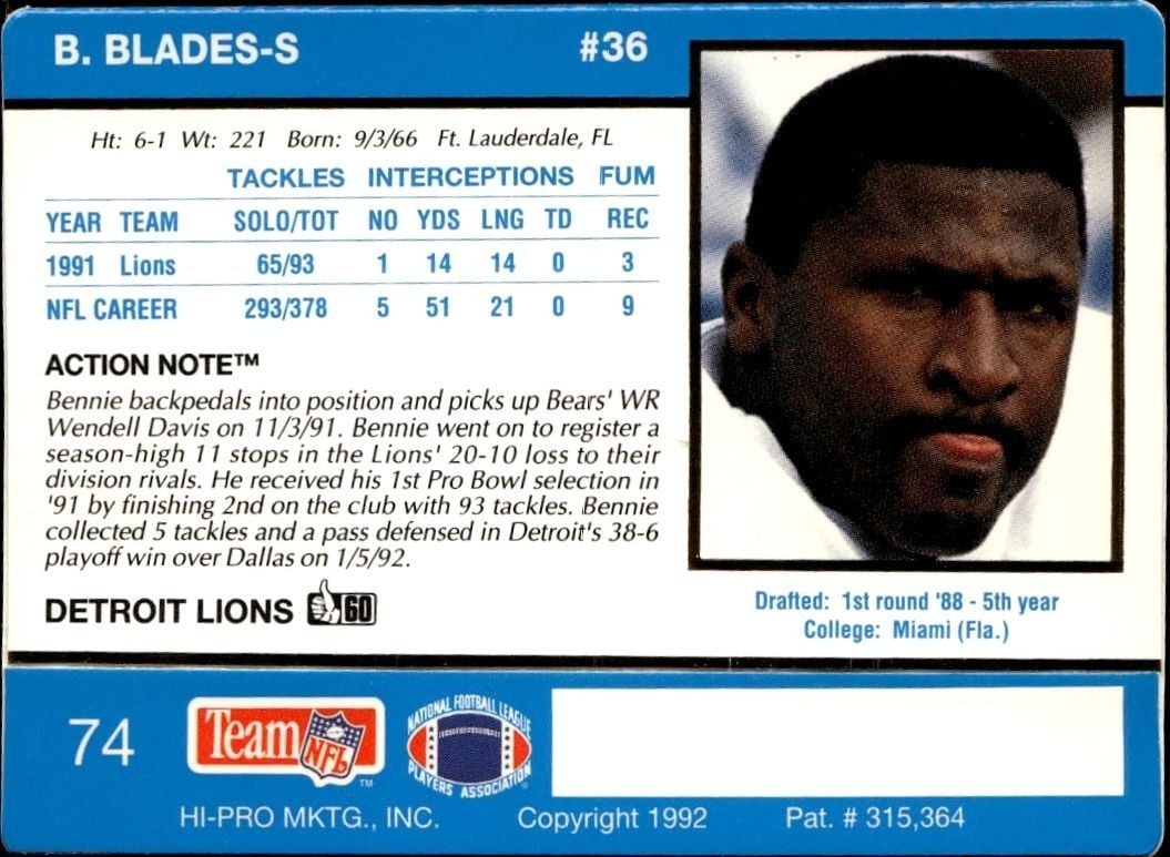 1992 Action Packed Bennie Blades #74 football trading card back