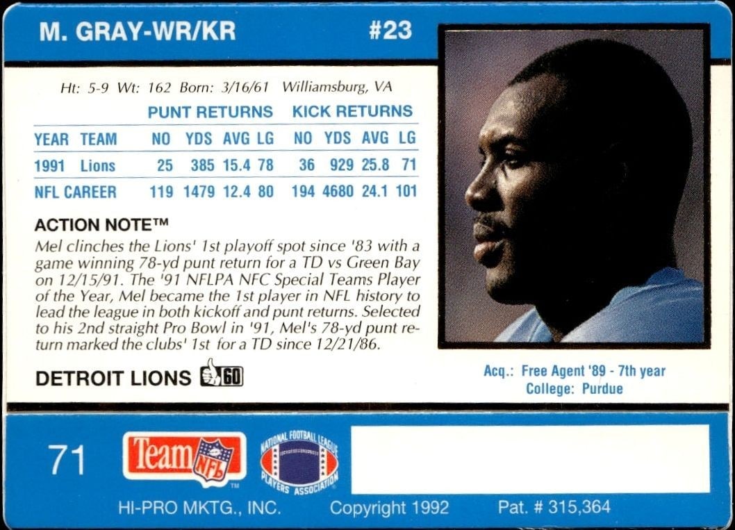 1992 Action Packed Mel Gray #71 football trading card back