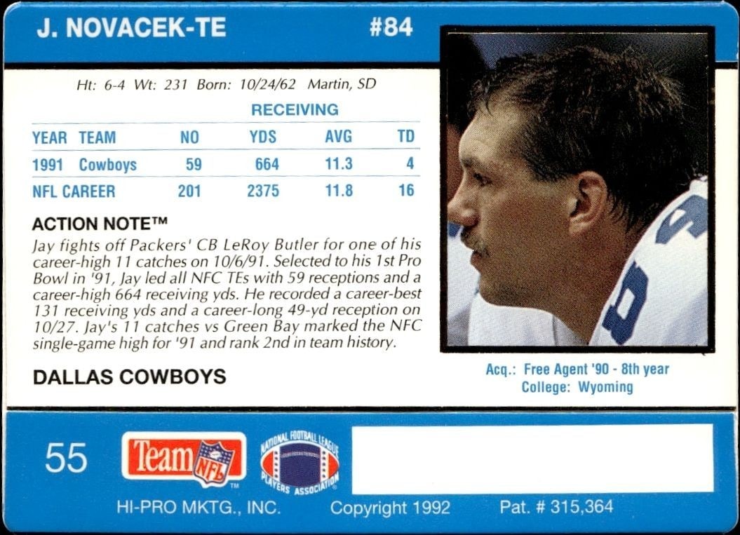 1992 Action Packed Jay Novacek #55 football trading card back