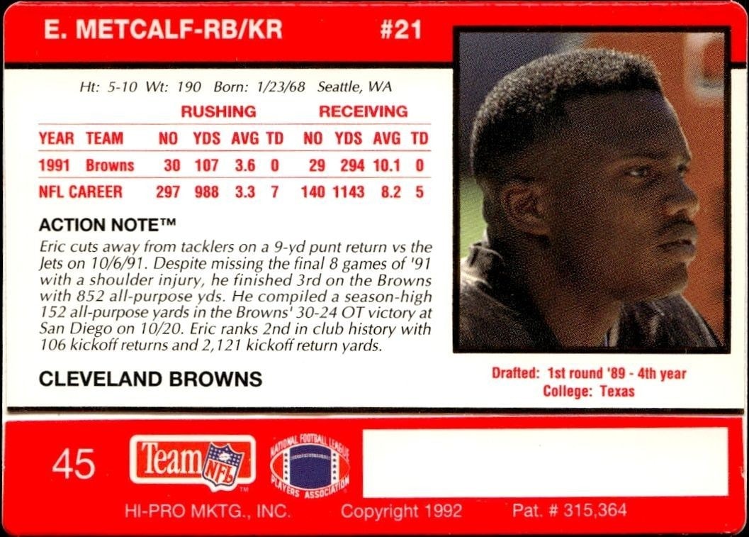 1992 Action Packed Eric Metcalf #45 football trading card back