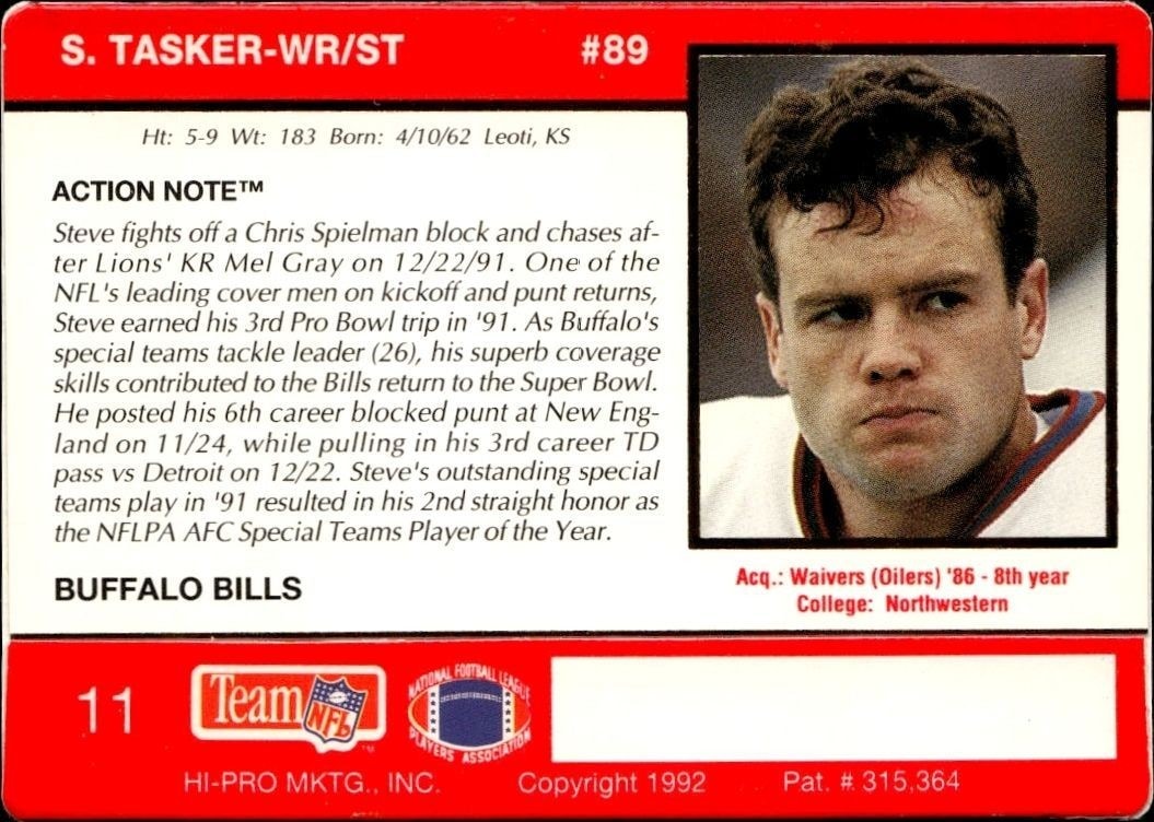 1992 Action Packed Steve Tasker #11 football trading card back