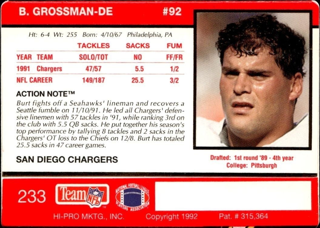 1992 Action Packed Burt Grossman #233 football trading card back