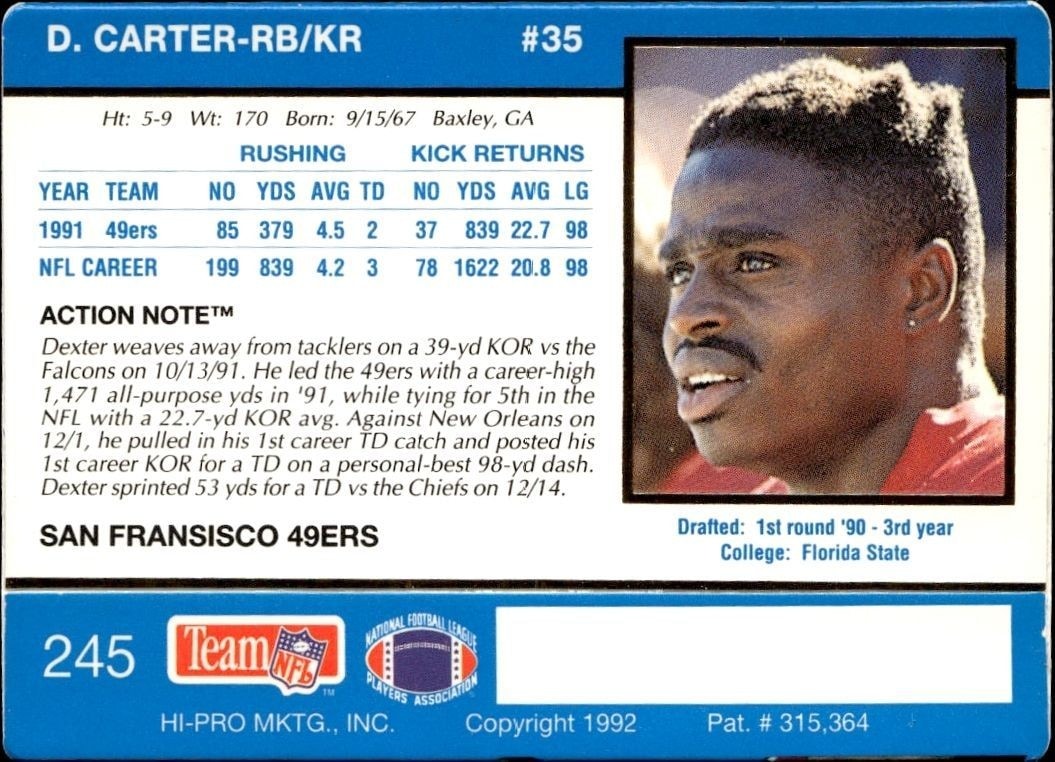 1992 Action Packed Dexter Carter #245 football trading card back