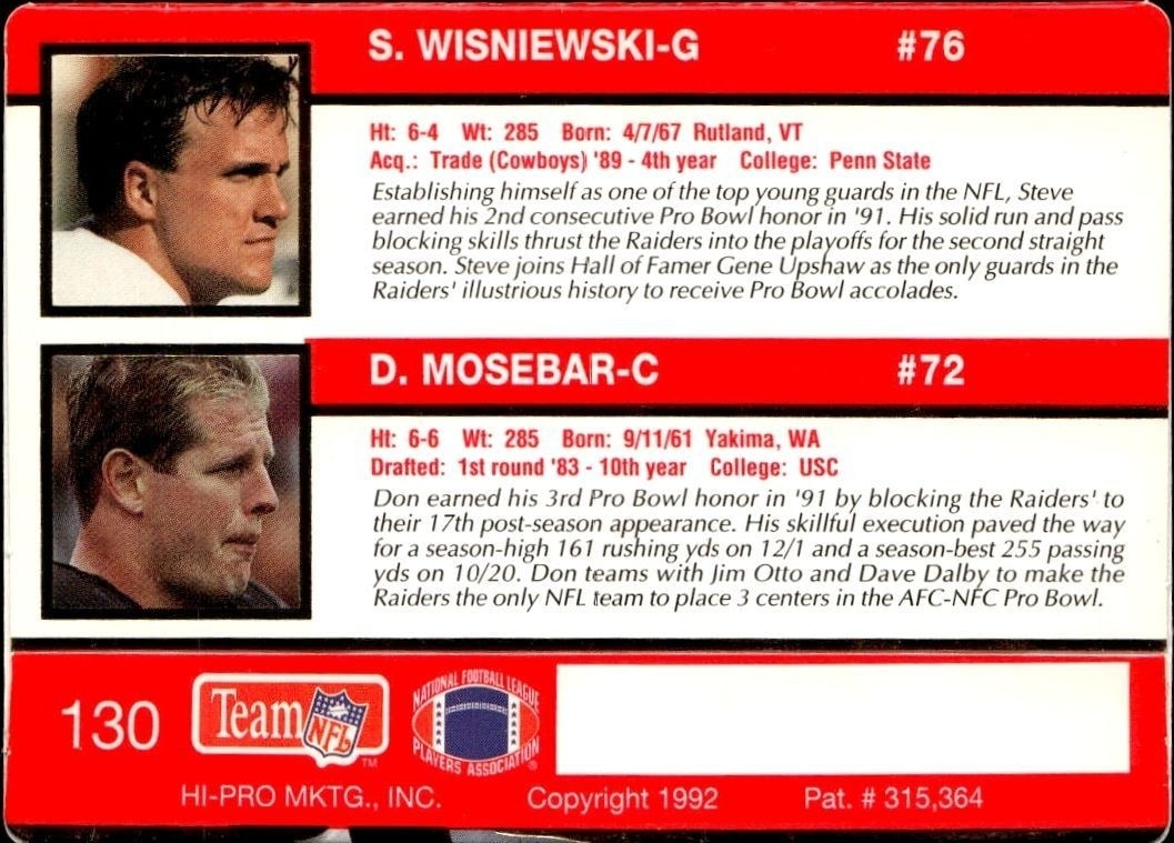 1992 Action Packed Steve Wisniewski #130 football trading card back