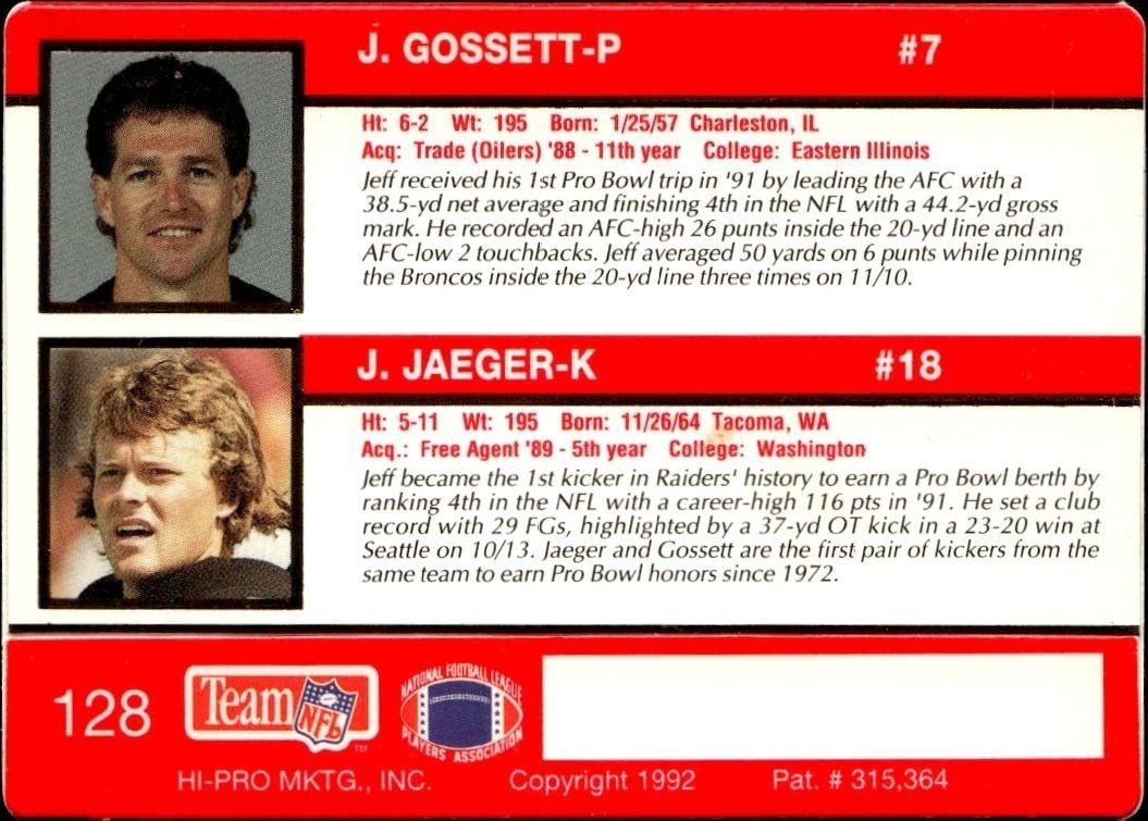 1992 Action Packed Jeff Gossett / Jeff Jaeger #128 football trading card back
