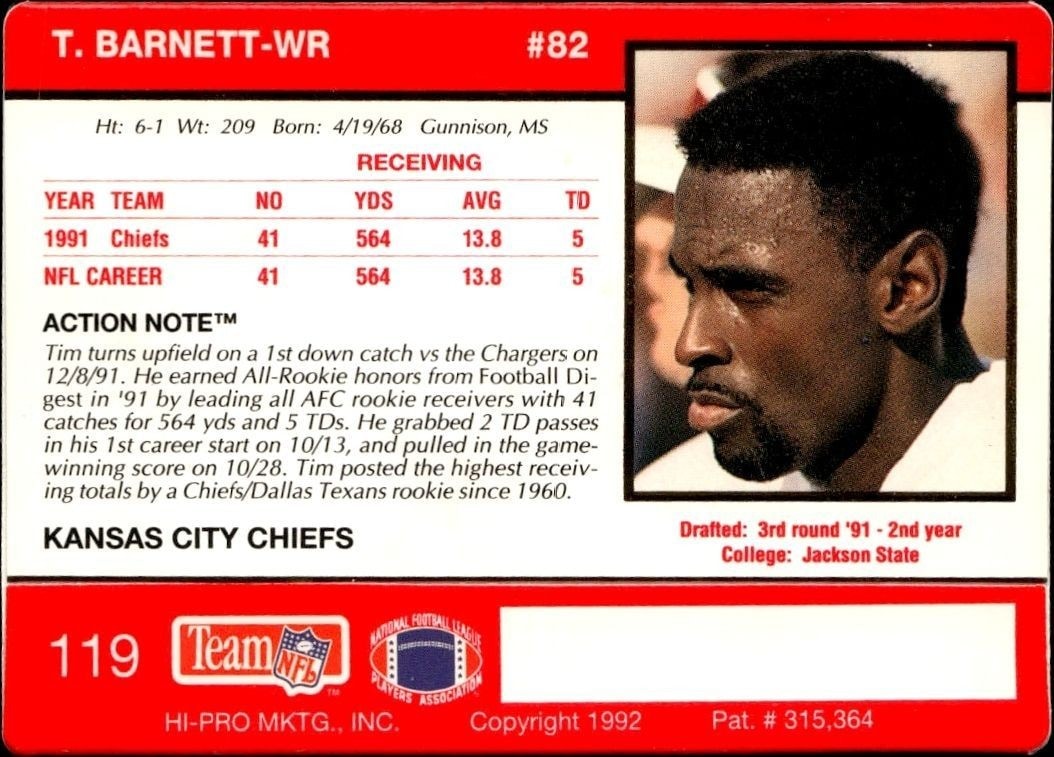 1992 Action Packed Tim Barnett #119 football trading card back
