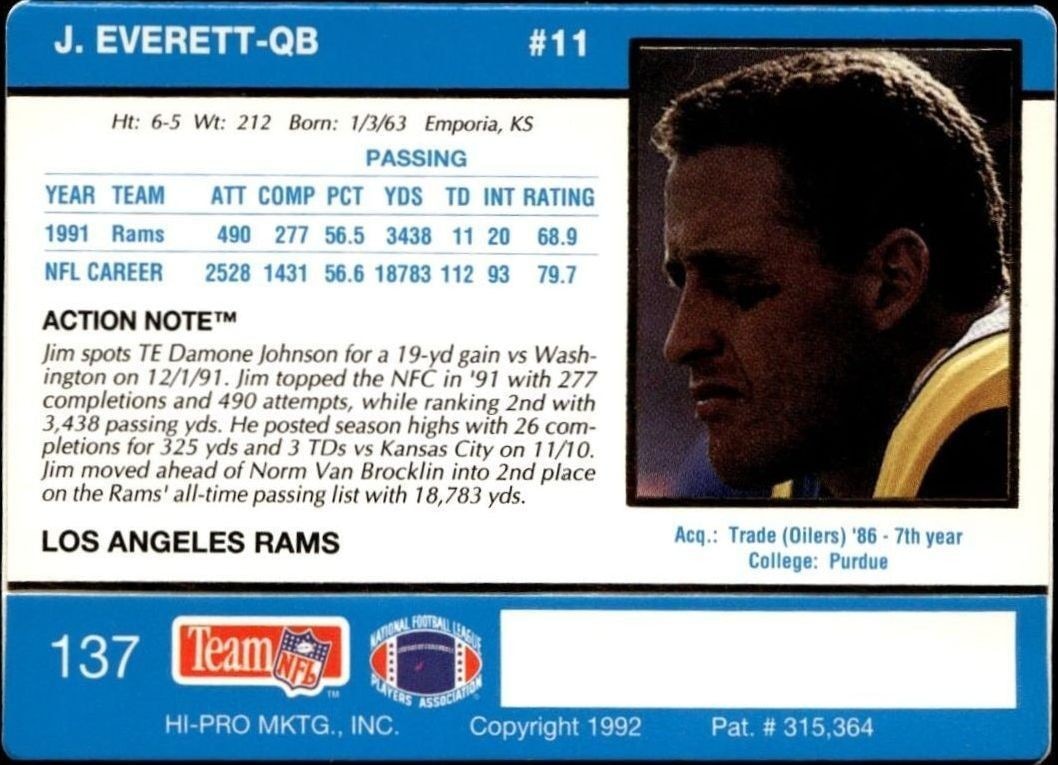 1992 Action Packed Jim Everett #137 football trading card back