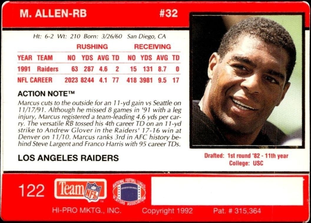 1992 Action Packed Marcus Allen #122 football trading card back