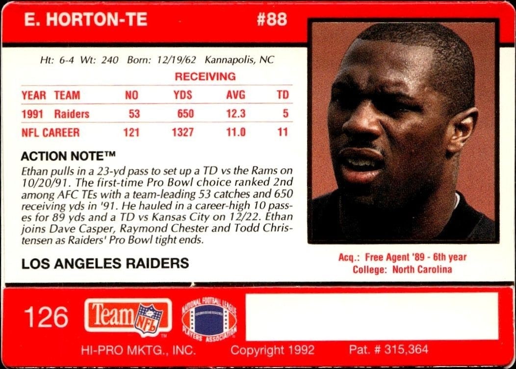 1992 Action Packed Ethan Horton #126 football trading card back