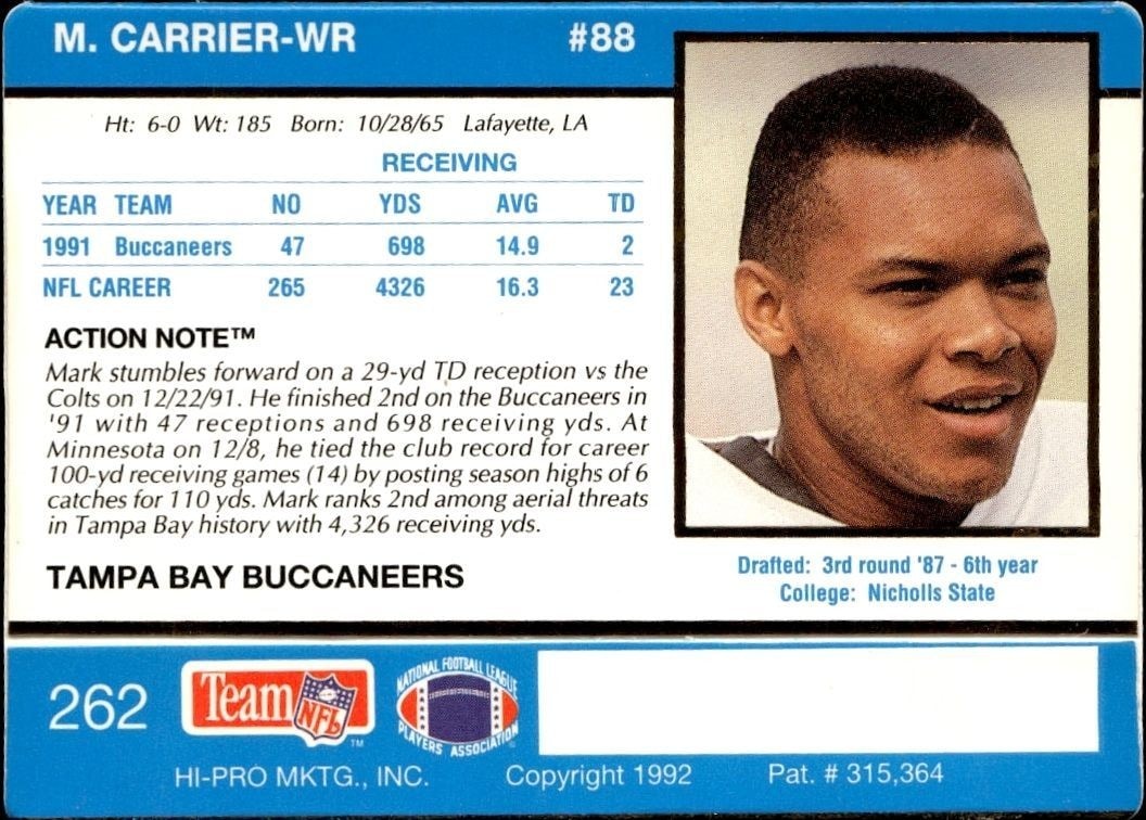 1992 Action Packed Mark Carrier #262 football trading card back
