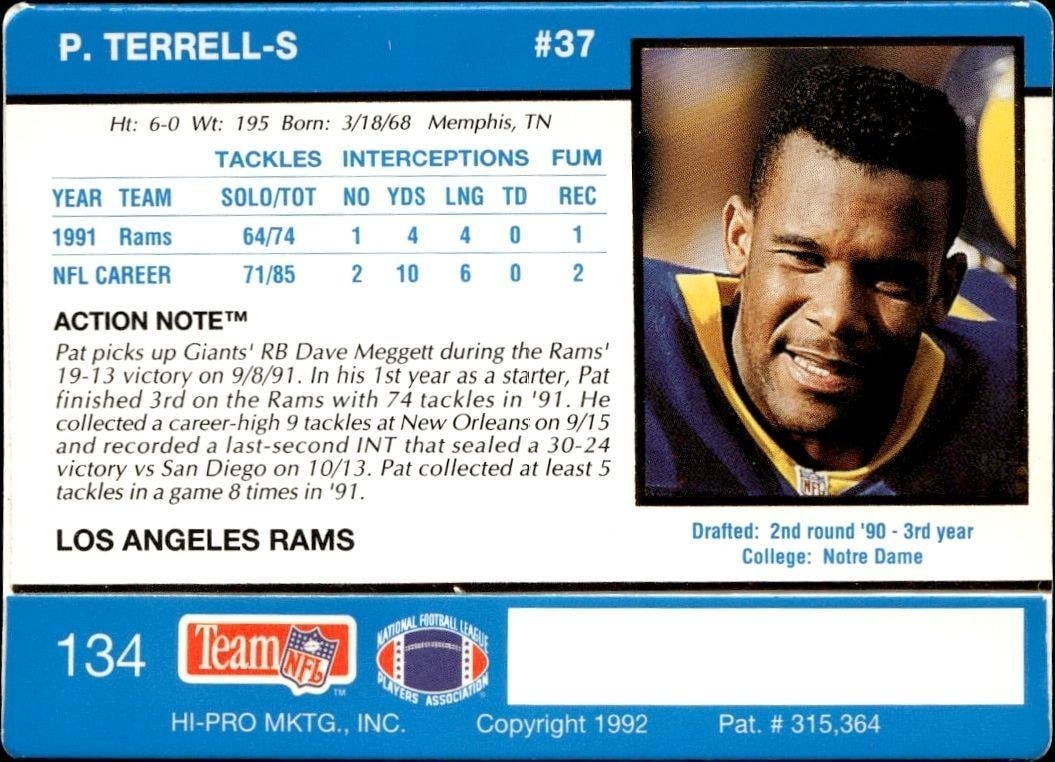 1992 Action Packed Pat Terrell #134 football trading card back