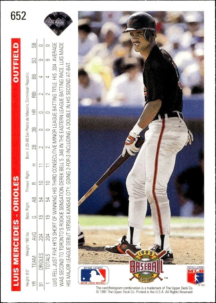 1992 Upper Deck Luis Mercedes #652 baseball trading card back