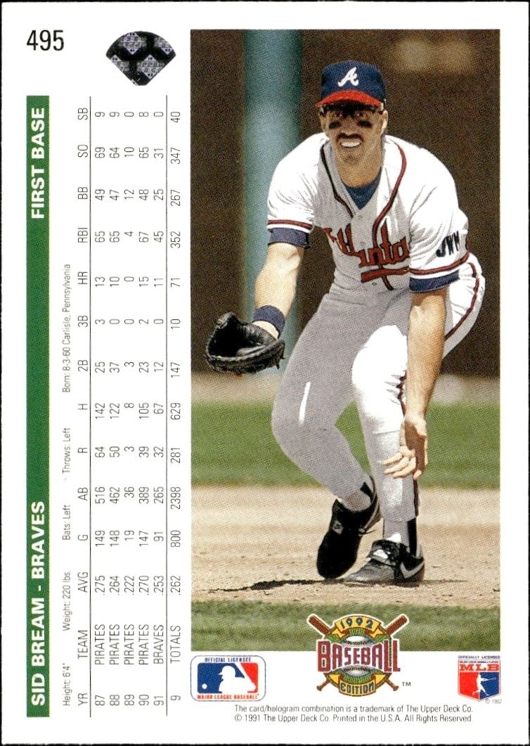 1992 Upper Deck Sid Bream #495 baseball trading card back