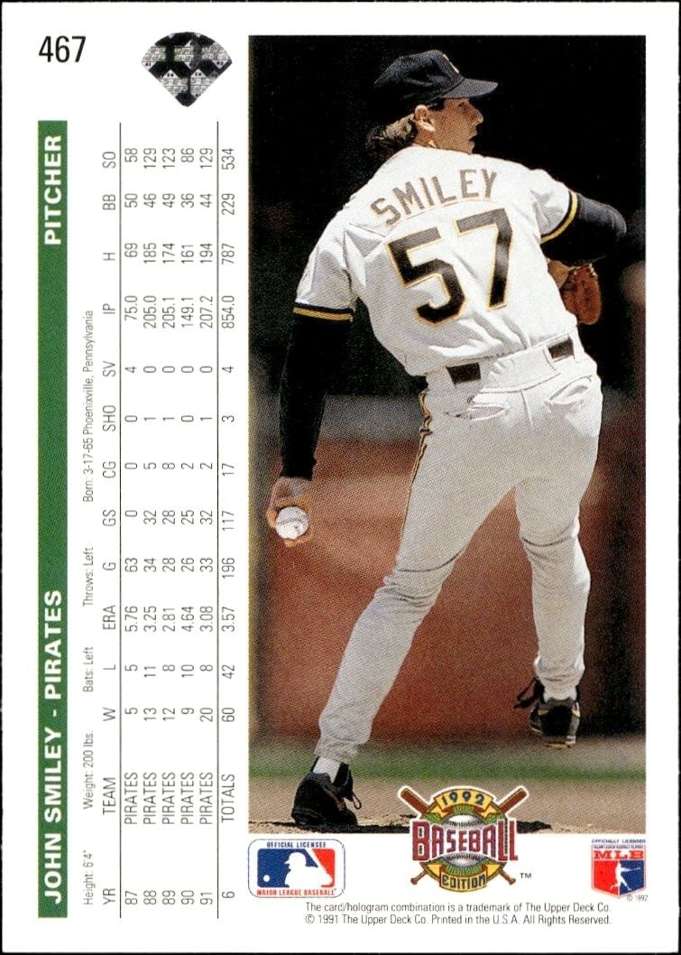 1992 Upper Deck John Smiley #467 baseball trading card back
