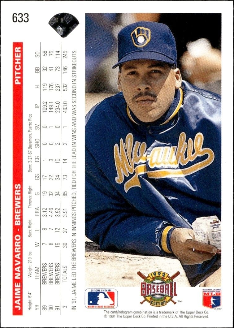 1992 Upper Deck Jaime Navarro #633 baseball trading card back