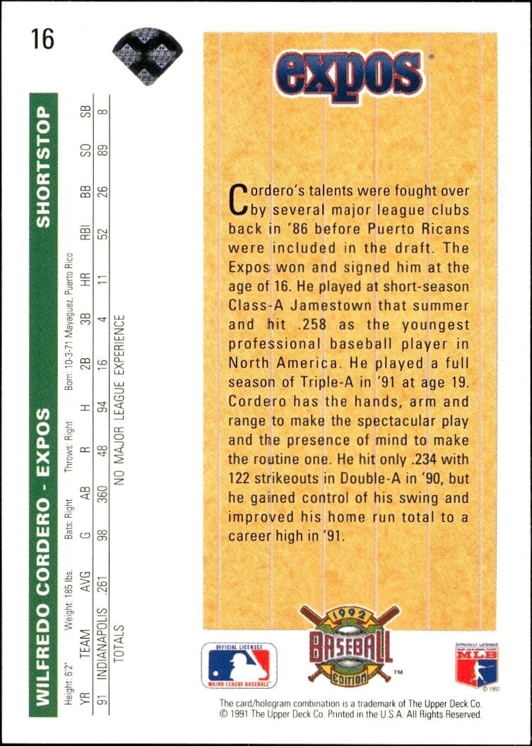 1992 Upper Deck Wil Cordero #16 baseball trading card back